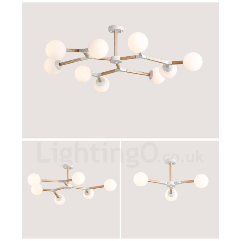Lustre molecular de madeira nórdico moderno em forma de feijão mágico com cúpulas de vidro
