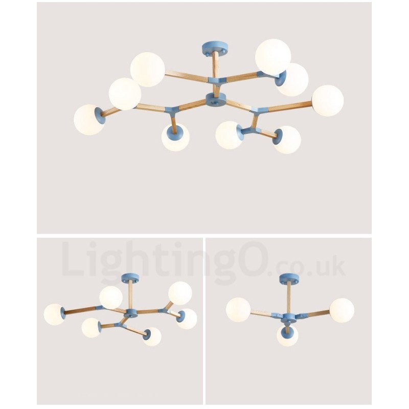 Lustre molecular de madeira nórdico moderno em forma de feijão mágico com cúpulas de vidro
