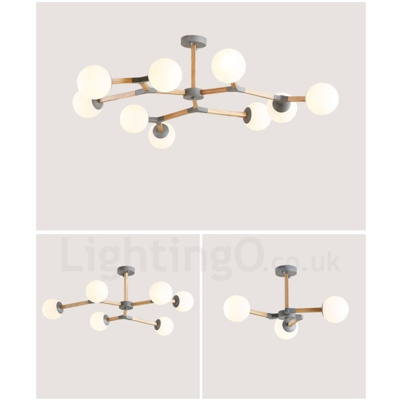 Lustre molecular de madeira nórdico moderno em forma de feijão mágico com cúpulas de vidro