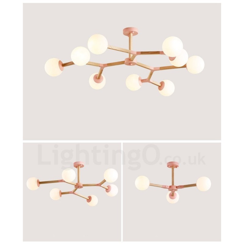 Lustre molecular de madeira nórdico moderno em forma de feijão mágico com cúpulas de vidro