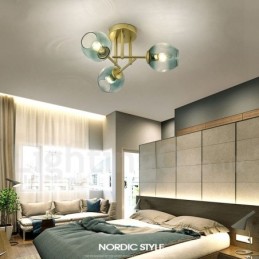 Lustre rústico de aço inoxidável com 3 luzes e cúpulas de vidro transparente ou azul