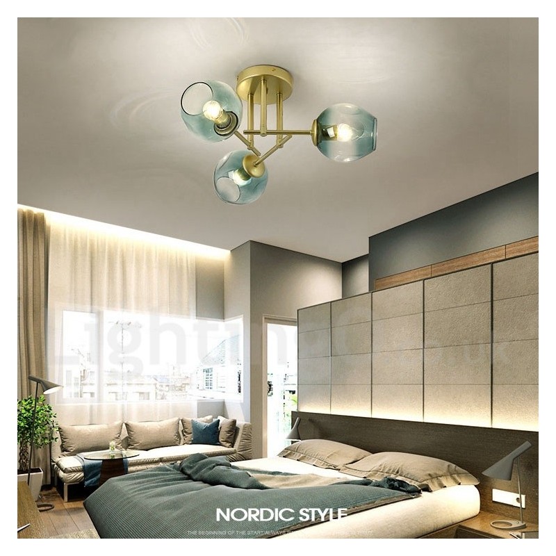 Lustre rústico de aço inoxidável com 3 luzes e cúpulas de vidro transparente ou azul