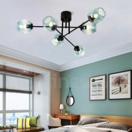 Lustre rústico de aço inoxidável com 6 luzes e cúpulas de vidro transparente ou azul