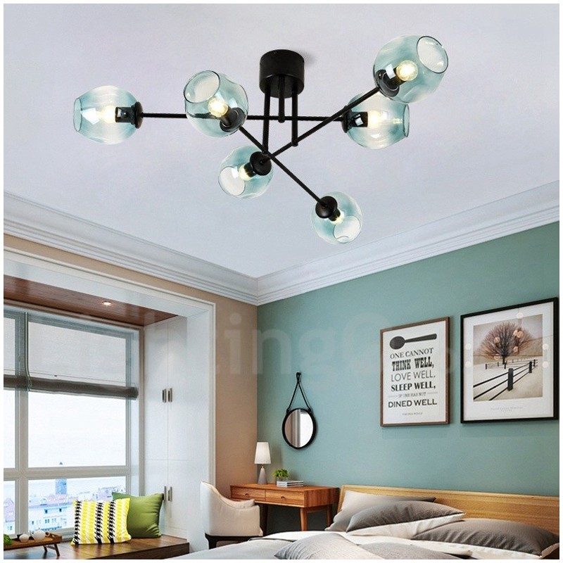 Lustre rústico de aço inoxidável com 6 luzes e cúpulas de vidro transparente ou azul