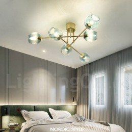 Lustre rústico de aço inoxidável com 6 luzes e cúpulas de vidro transparente ou azul