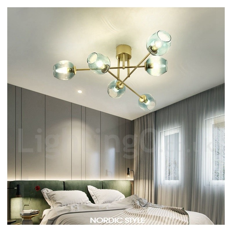 Lustre rústico de aço inoxidável com 6 luzes e cúpulas de vidro transparente ou azul