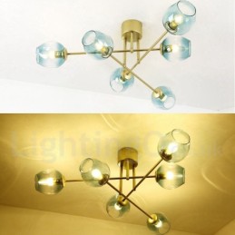 Lustre rústico de aço inoxidável com 6 luzes e cúpulas de vidro transparente ou azul