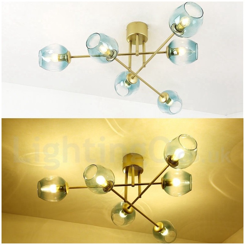 Lustre rústico de aço inoxidável com 6 luzes e cúpulas de vidro transparente ou azul