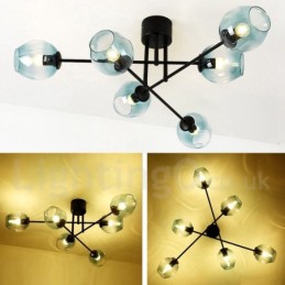 Lustre rústico de aço inoxidável com 6 luzes e cúpulas de vidro transparente ou azul