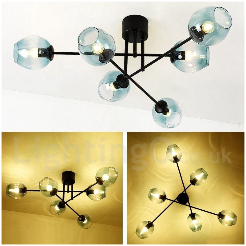 Lustre rústico de aço inoxidável com 6 luzes e cúpulas de vidro transparente ou azul