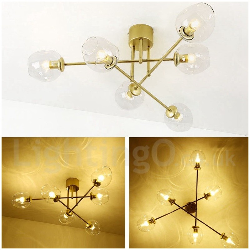 Lustre rústico de aço inoxidável com 6 luzes e cúpulas de vidro transparente ou azul