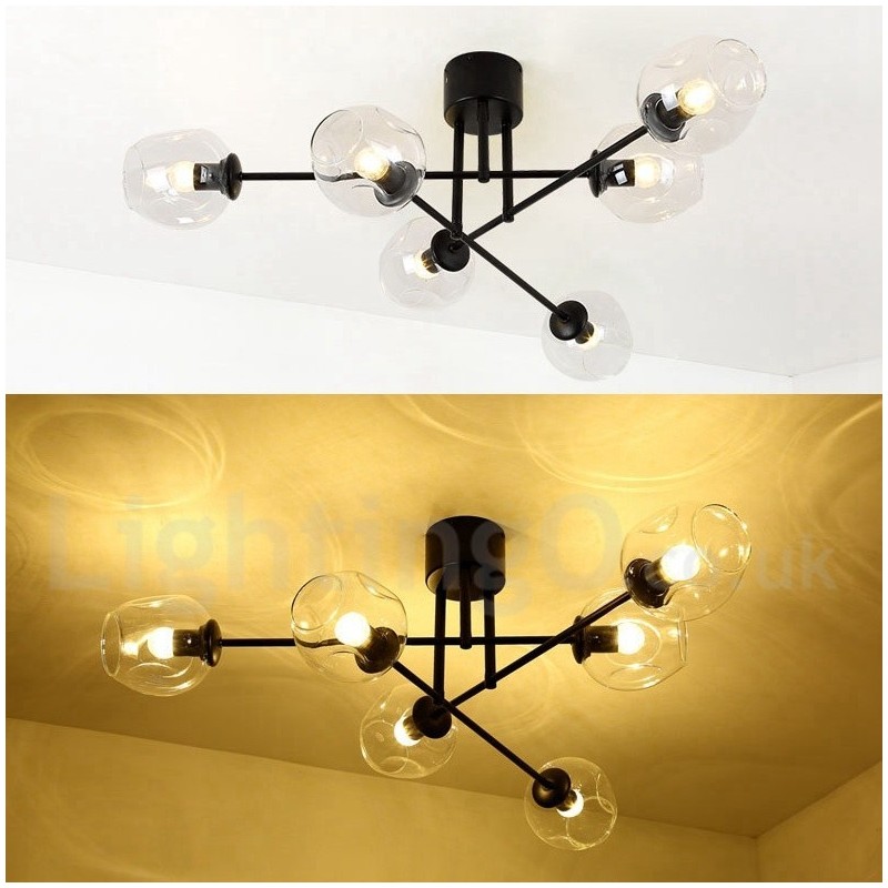 Lustre rústico de aço inoxidável com 6 luzes e cúpulas de vidro transparente ou azul