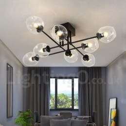 Lustre rústico de aço inoxidável com 8 luzes e cúpulas de vidro transparente ou azul