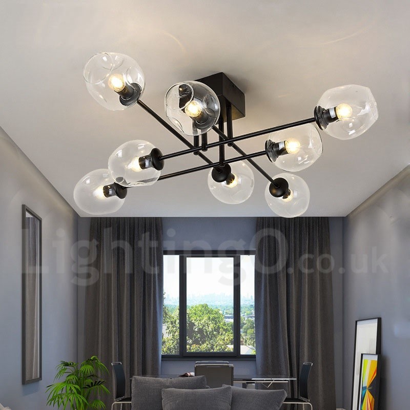 Lustre rústico de aço inoxidável com 8 luzes e cúpulas de vidro transparente ou azul