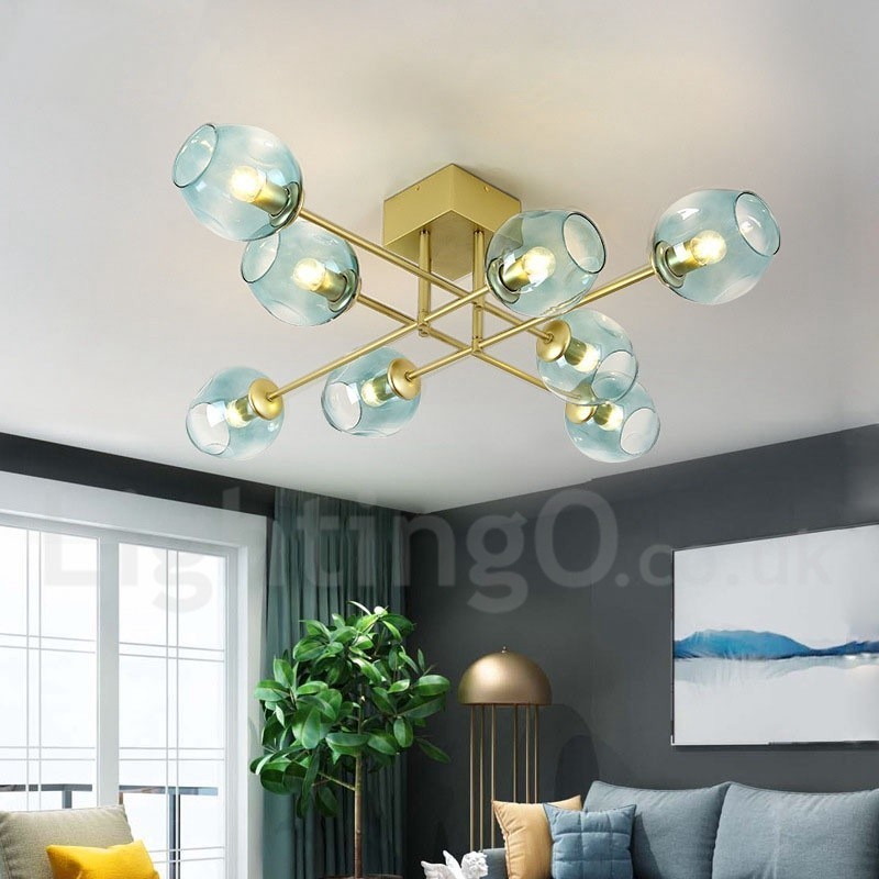 Lustre rústico de aço inoxidável com 8 luzes e cúpulas de vidro transparente ou azul