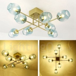 Lustre rústico de aço inoxidável com 8 luzes e cúpulas de vidro transparente ou azul
