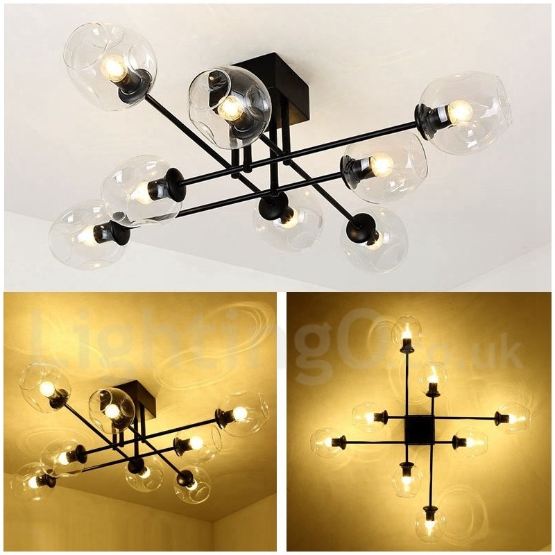 Lustre rústico de aço inoxidável com 8 luzes e cúpulas de vidro transparente ou azul
