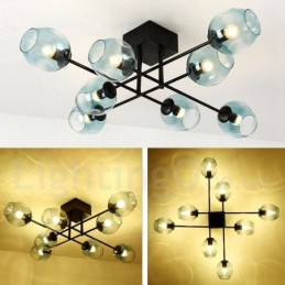 Lustre rústico de aço inoxidável com 8 luzes e cúpulas de vidro transparente ou azul
