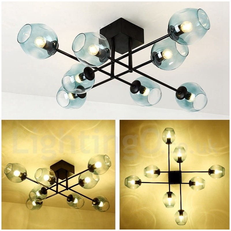 Lustre rústico de aço inoxidável com 8 luzes e cúpulas de vidro transparente ou azul