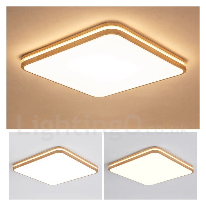 Luminária de teto quadrada de madeira com lente, estilo nórdico moderno e contemporâneo, embutida, com cúpula de acrílico e controle remoto, também pode ser usada como luminária de parede