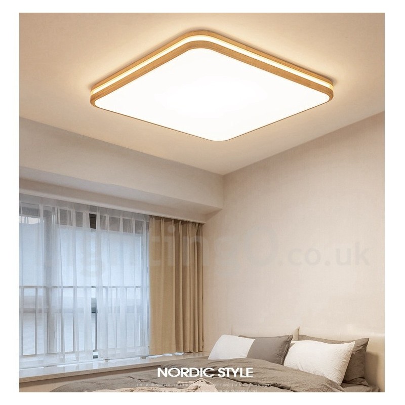 Luminária de teto quadrada de madeira com lente, estilo nórdico moderno e contemporâneo, embutida, com cúpula de acrílico e controle remoto, também pode ser usada como luminária de parede