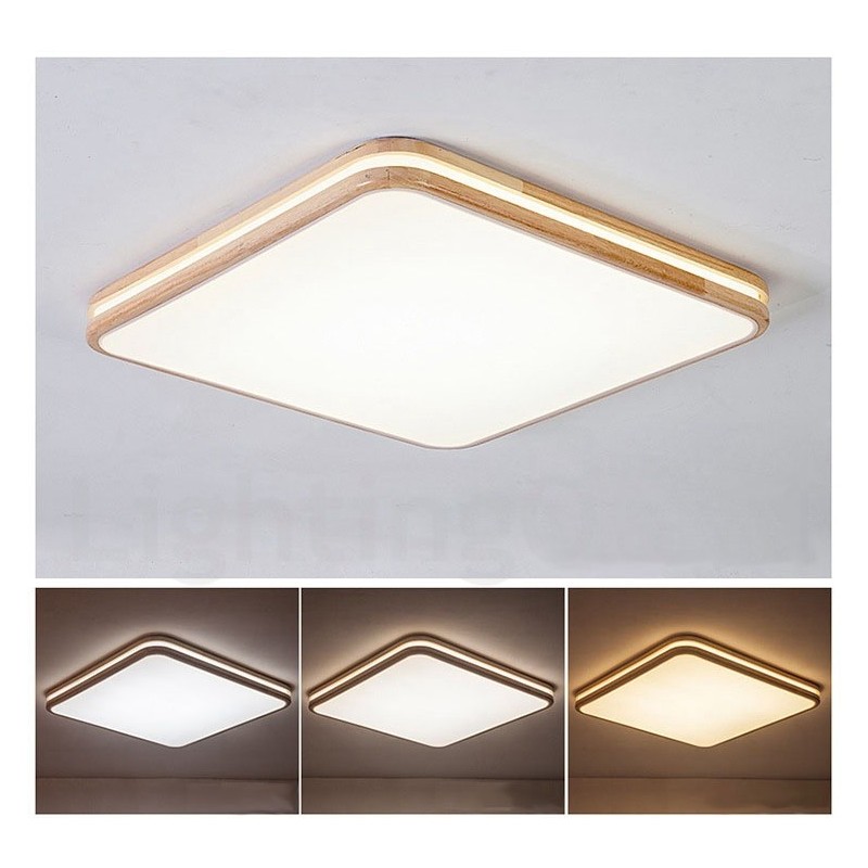 Luminária de teto quadrada de madeira com lente, estilo nórdico moderno e contemporâneo, embutida, com cúpula de acrílico e controle remoto, também pode ser usada como luminária de parede