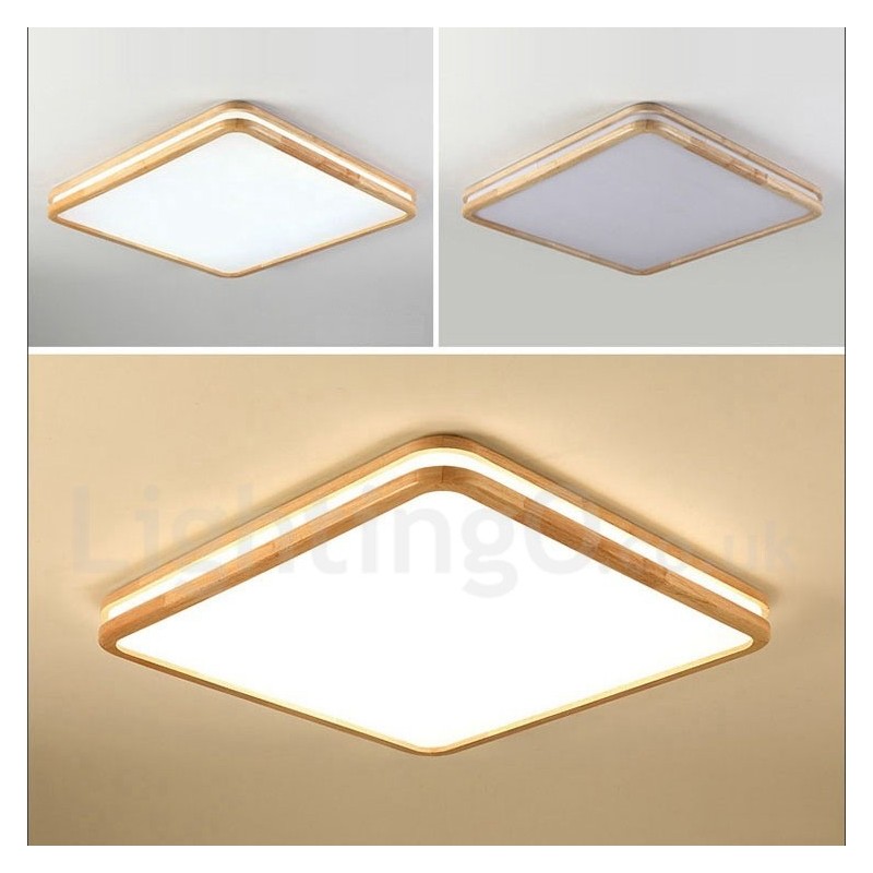 Luminária de teto quadrada de madeira com lente, estilo nórdico moderno e contemporâneo, embutida, com cúpula de acrílico e controle remoto, também pode ser usada como luminária de parede