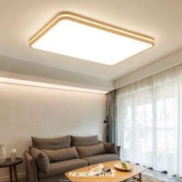 Luminária de teto retangular de madeira com lente, moderna, contemporânea, estilo nórdico, embutida, de madeira, com cúpula de acrílico e controle remoto, também pode ser usada como luminária de parede
