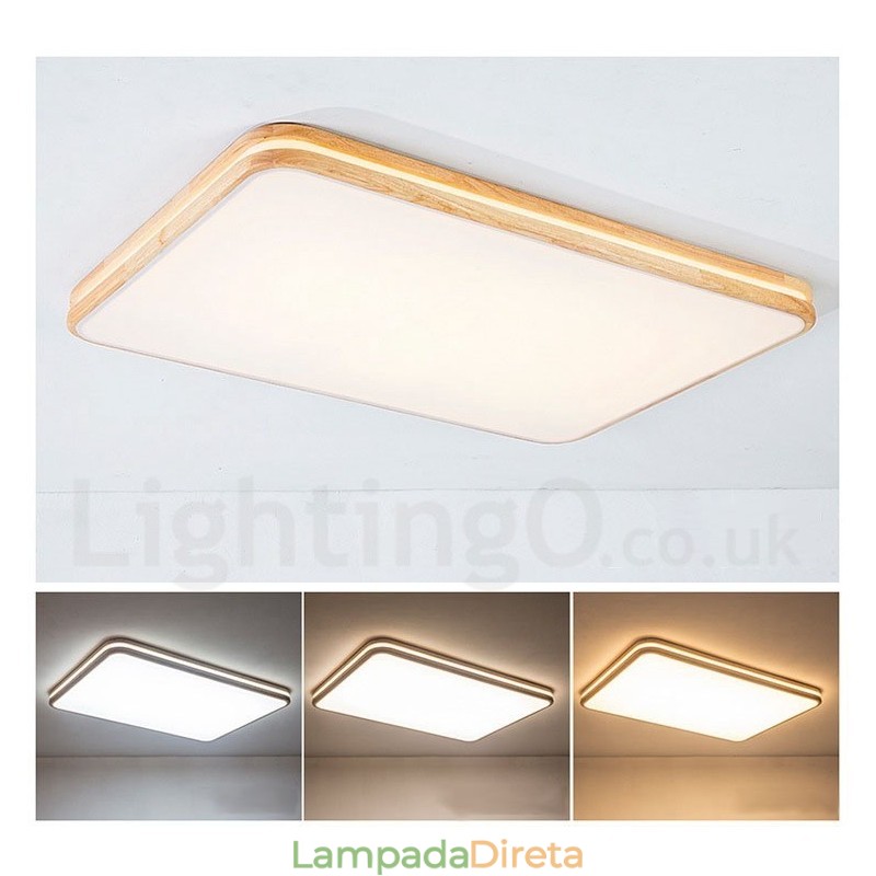 Luminária de teto retangular de madeira com lente, moderna, contemporânea, estilo nórdico, embutida, de madeira, com cúpula de acrílico e controle remoto, também pode ser usada como luminária de parede