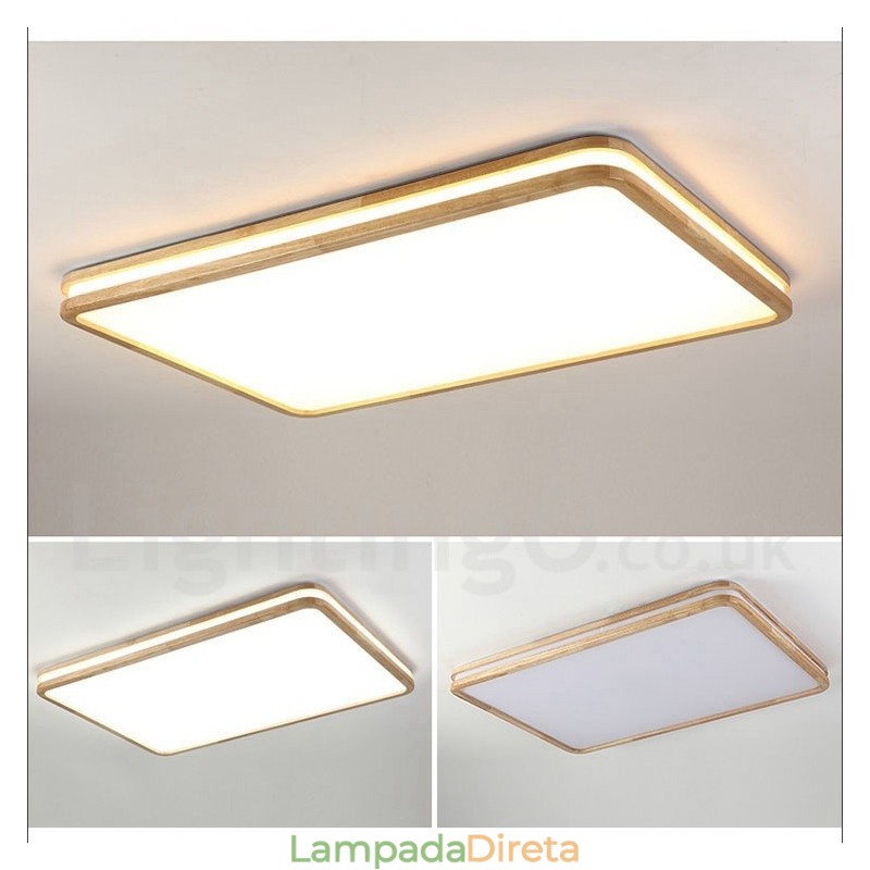 Luminária de teto retangular de madeira com lente, moderna, contemporânea, estilo nórdico, embutida, de madeira, com cúpula de acrílico e controle remoto, também pode ser usada como luminária de parede