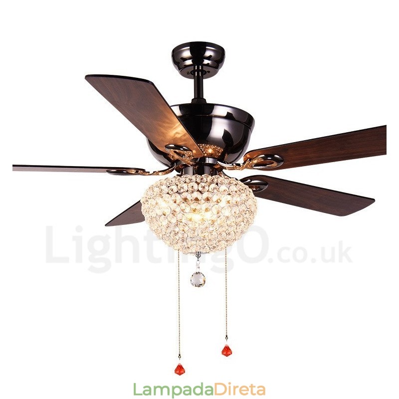 Ventilador de teto com controle remoto retrô de madeira estilo americano de 132 cm (52 pol.) com sombra de cristal e motor de cobre puro mudo