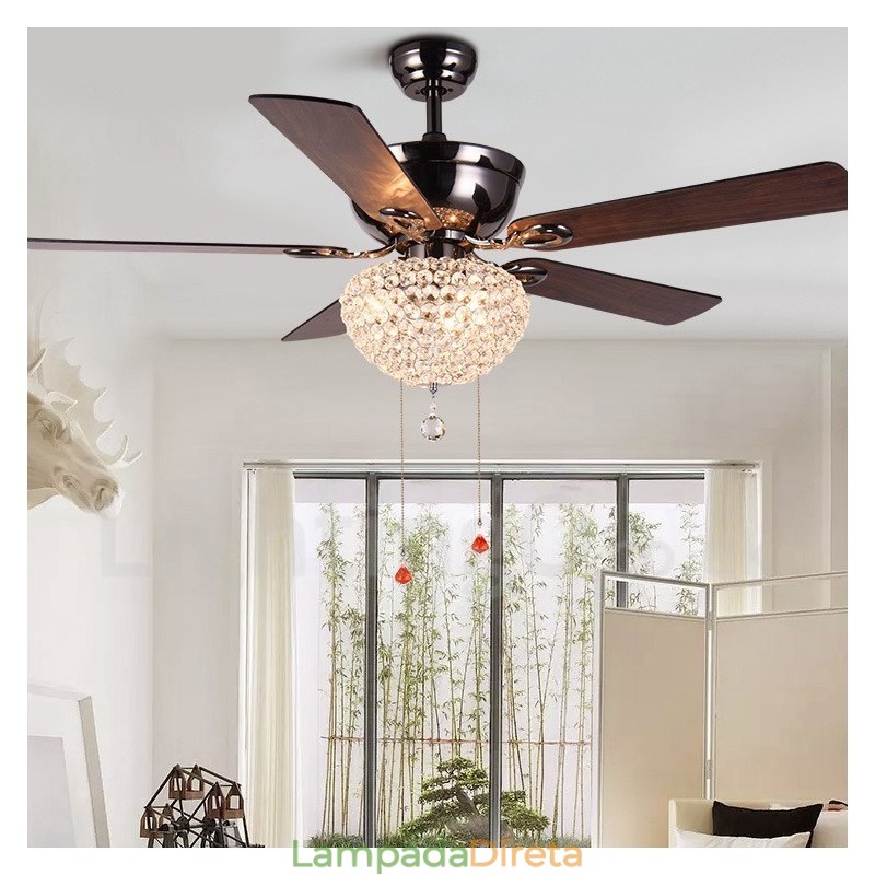 Ventilador de teto com controle remoto retrô de madeira estilo americano de 132 cm (52 pol.) com sombra de cristal e motor de cobre puro mudo