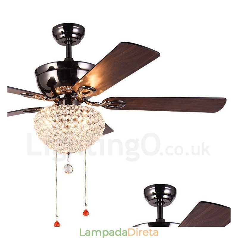 Ventilador de teto com controle remoto retrô de madeira estilo americano de 132 cm (52 pol.) com sombra de cristal e motor de cobre puro mudo