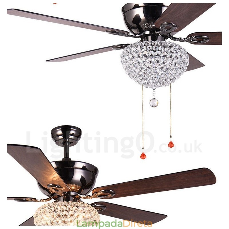 Ventilador de teto com controle remoto retrô de madeira estilo americano de 132 cm (52 pol.) com sombra de cristal e motor de cobre puro mudo