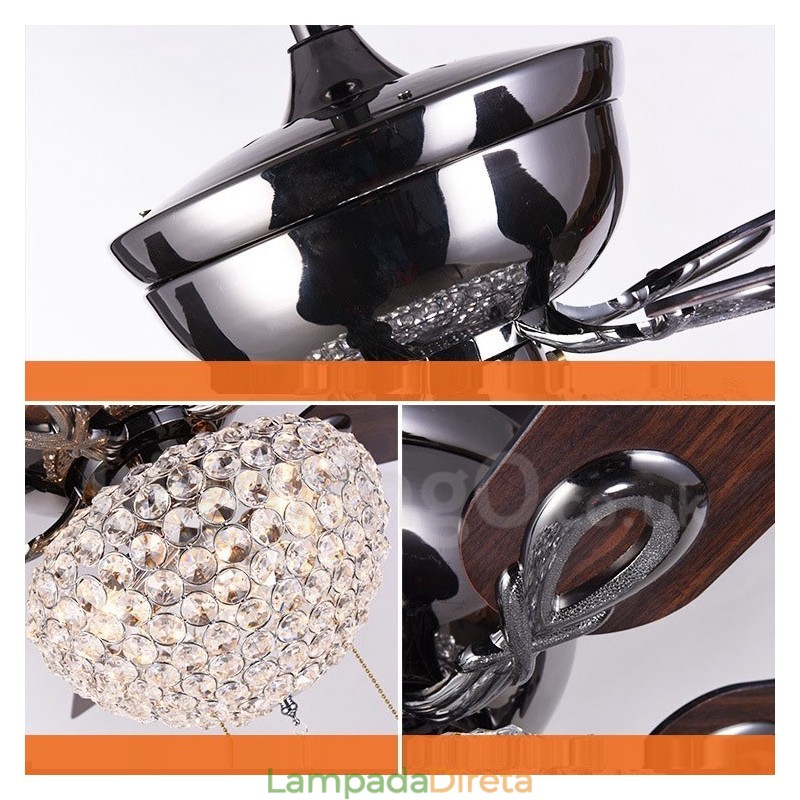 Ventilador de teto com controle remoto retrô de madeira estilo americano de 132 cm (52 pol.) com sombra de cristal e motor de cobre puro mudo