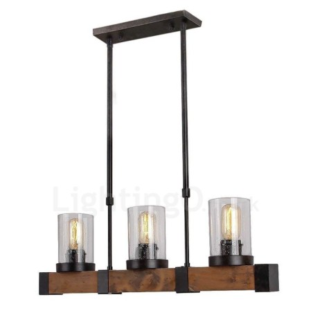 Lustre de madeira vintage de 3 luzes, iluminação pendente industrial de madeira eólica, loft, linear Lustre de madeira vintage de 3 luzes, iluminação pendente industrial de madeira eólica, loft, linear