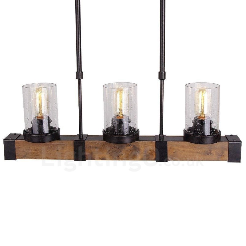 Lustre de madeira vintage de 3 luzes, iluminação pendente industrial de madeira eólica, loft, linear