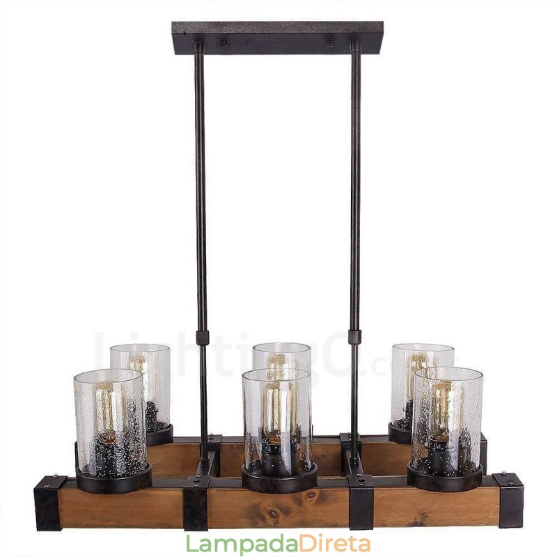 Lustre de madeira vintage de 6 luzes, iluminação pendente industrial de madeira, estilo loft, linear