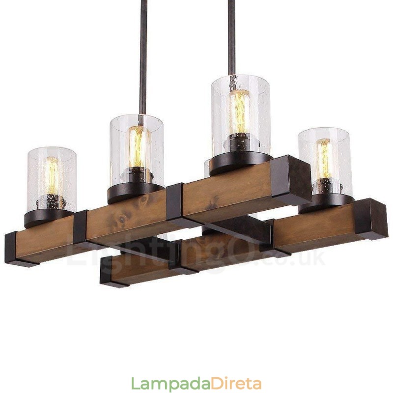 Lustre de madeira vintage de 6 luzes, iluminação pendente industrial de madeira, estilo loft, linear