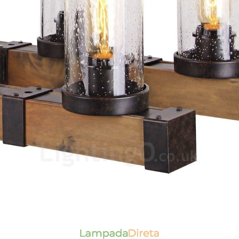 Lustre de madeira vintage de 6 luzes, iluminação pendente industrial de madeira, estilo loft, linear