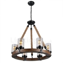 Lustre de madeira vintage com 6 anéis de luz, iluminação pendente industrial de madeira eólica e loft