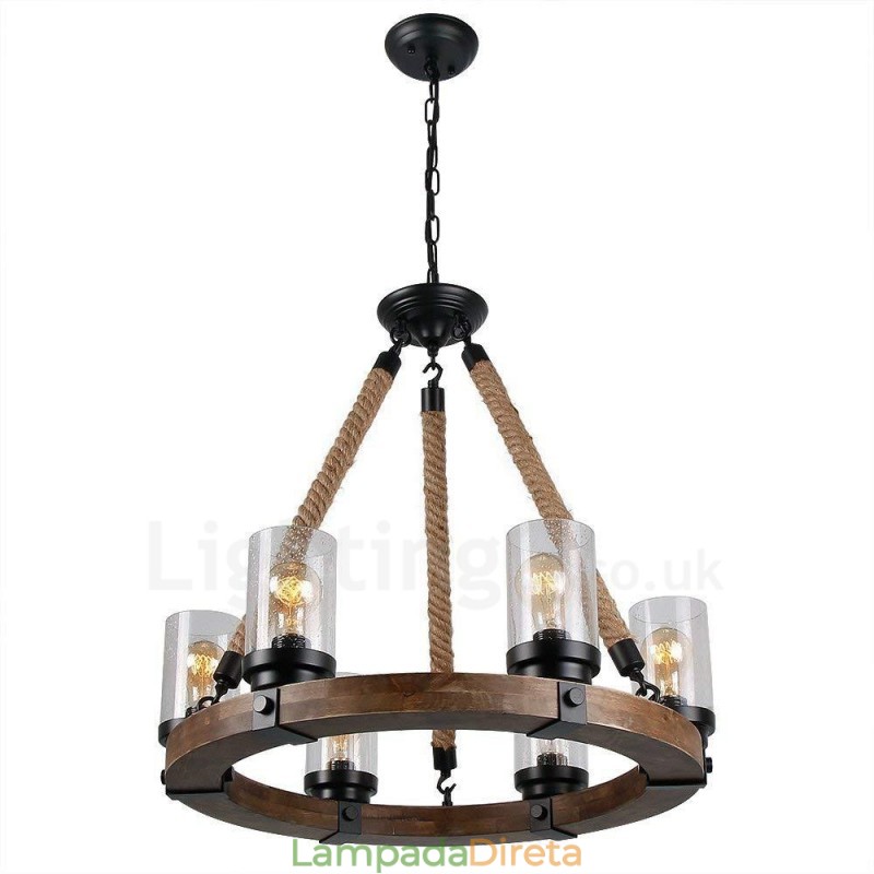 Lustre de madeira vintage com 6 anéis de luz, iluminação pendente industrial de madeira eólica e loft
