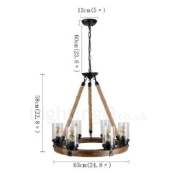 Lustre de madeira vintage com 6 anéis de luz, iluminação pendente industrial de madeira eólica e loft