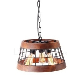Lustre de madeira vintage com 3 anéis de luz, iluminação pendente industrial de madeira eólica, loft, linear