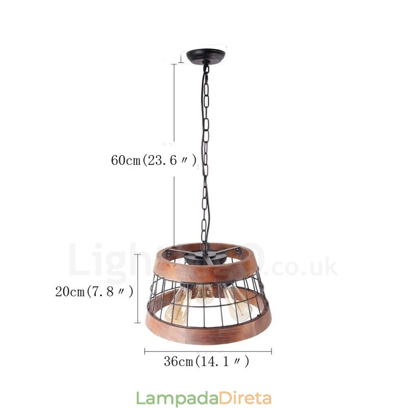 Lustre de madeira vintage com 3 anéis de luz, iluminação pendente industrial de madeira eólica, loft, linear