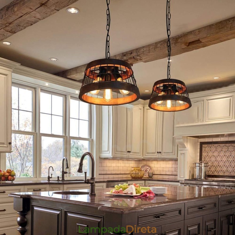 Lustre de madeira vintage com 3 anéis de luz, iluminação pendente industrial de madeira eólica, loft, linear