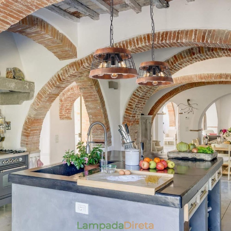 Lustre de madeira vintage com 3 anéis de luz, iluminação pendente industrial de madeira eólica, loft, linear