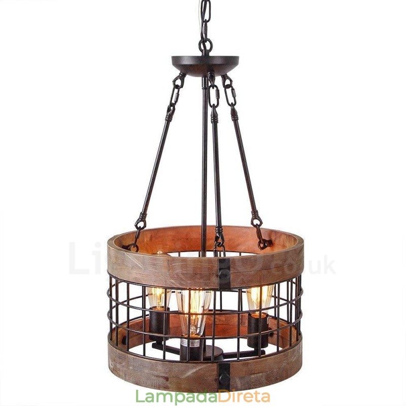 3 tambor de luz vintage lustre de madeira industrial vento loft madeira linear pingente iluminação
