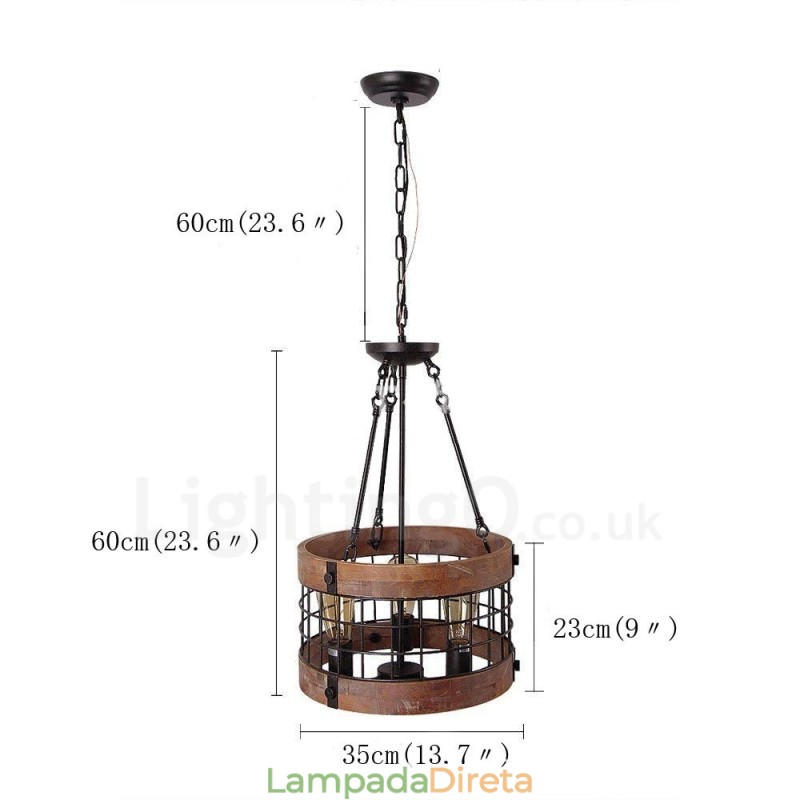 3 tambor de luz vintage lustre de madeira industrial vento loft madeira linear pingente iluminação