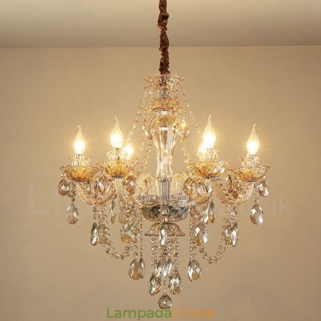 Lustre de cristal elegante com 6 luzes cor conhaque Lustre de cristal elegante com 6 luzes cor conhaque